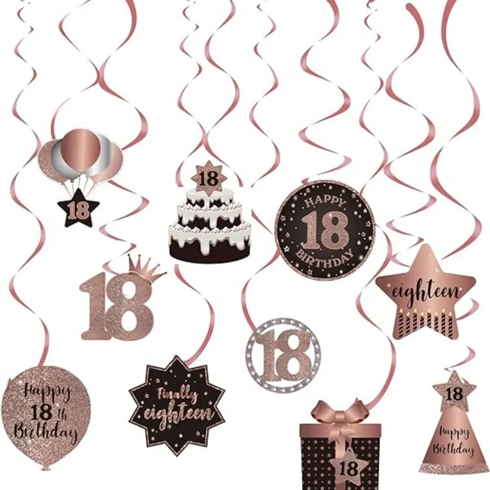 18th birthday rose gold cake topper and hanging decorations